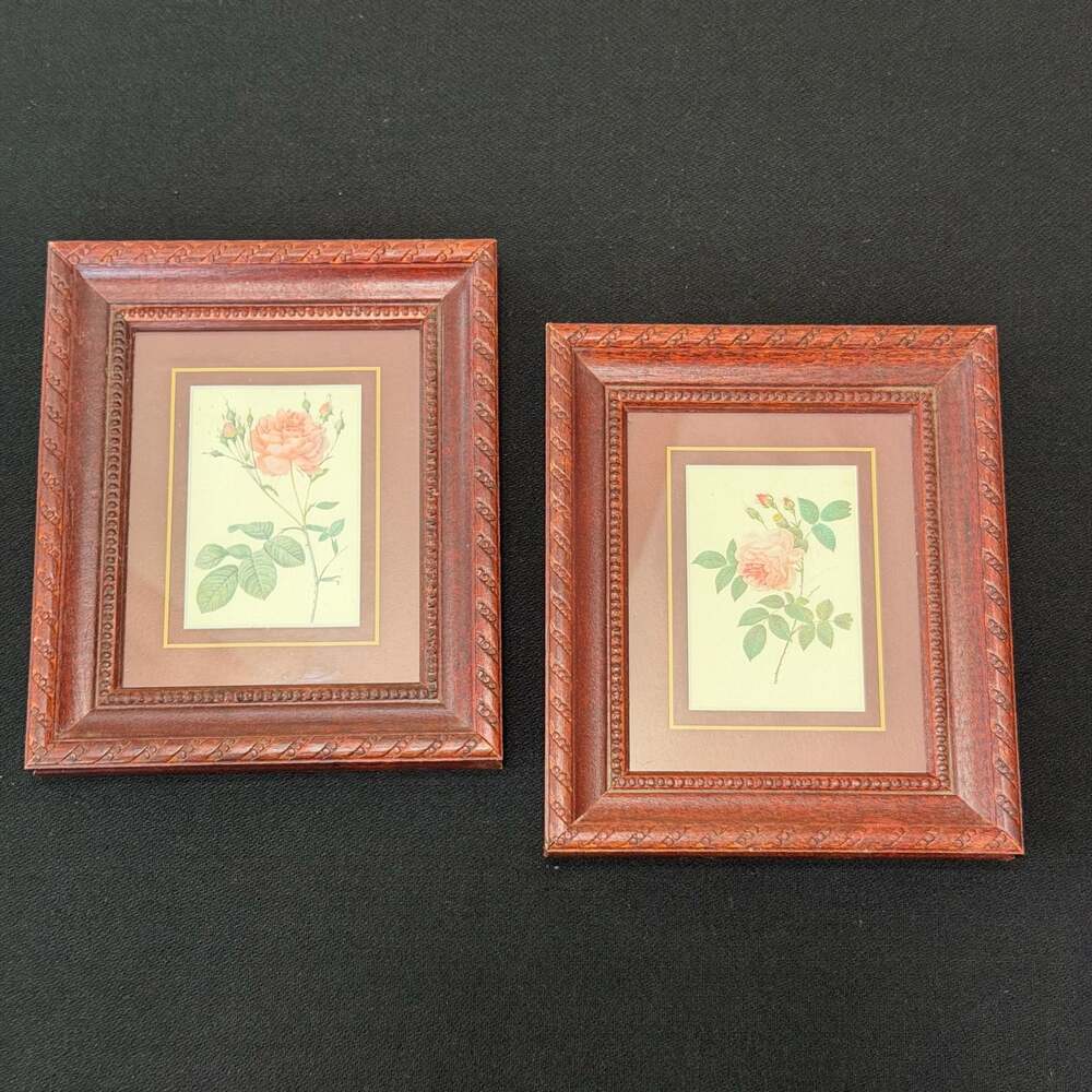 Pair of Vintage P.J. Redoute Botanical Rose Framed Prints w/ Red Stained Frames